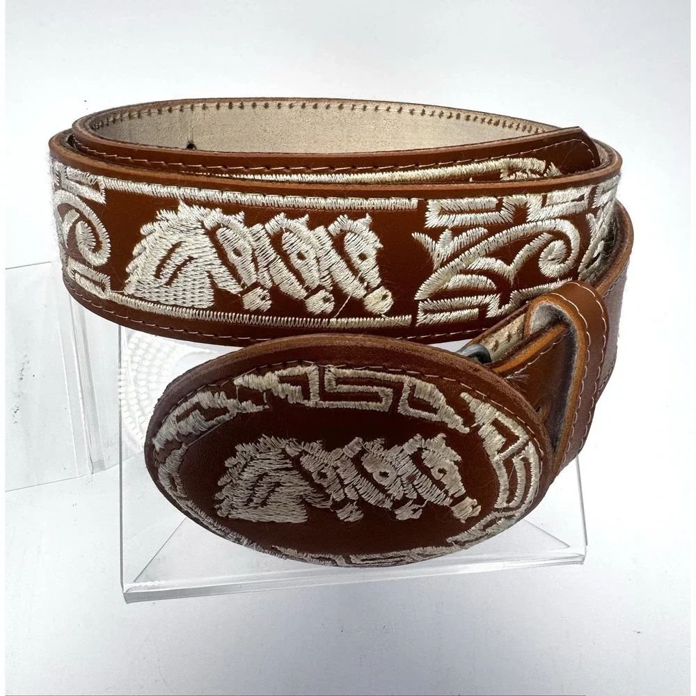 Western Piteado Style Belt & Holster Horse & Steer Embroidered Set